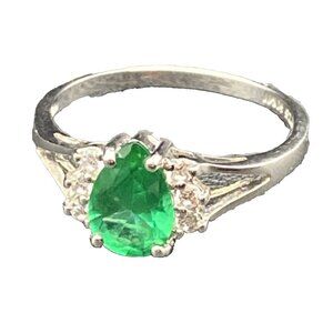 Signed HMI Ring Simulated Emerald Pear CZ 925 Sterling Silver Rhodium Sz 11